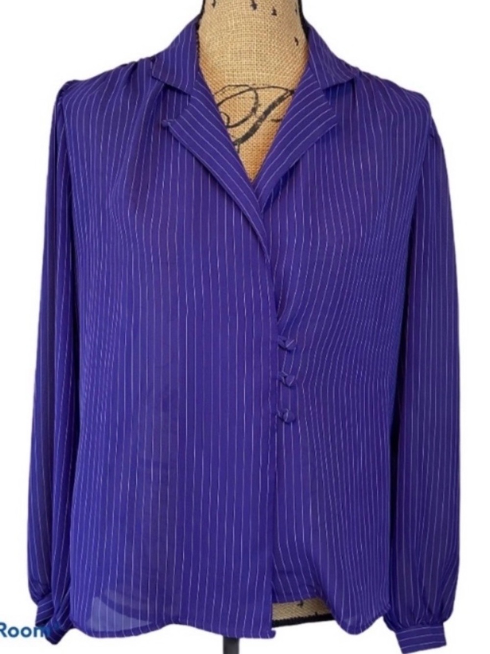 Vintage Notations Purple White Pinstripe Sheer Mandarin Collar Blouse M